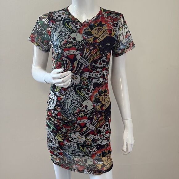 Ed Hardy Multicolor Tattoo Art Collage Print Mini Mesh Short Sleeve Tee Dress - Picture 1 of 9